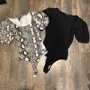 Express Bundle Puff Sleeve Thong Bodysuit in Snakeskin Gray and Black